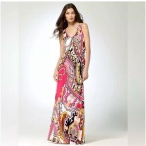 Cache Vintage Paisley Floral 90s Y2K Long Maxi Dress sz Medium M Pink Chain Belt